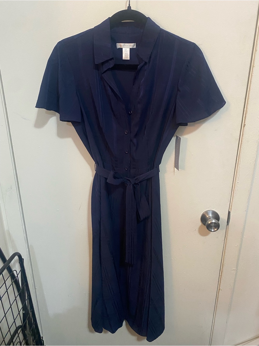 London Times Patterned Navy Midi Shirt Dress with Tie Waist